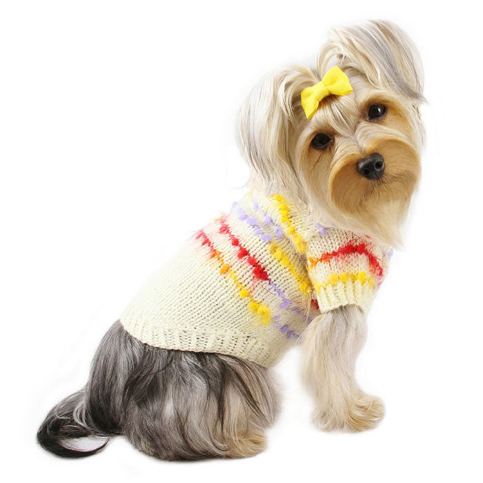 Cute Ivory Hand Knitted Sweater with Colorful Trims
